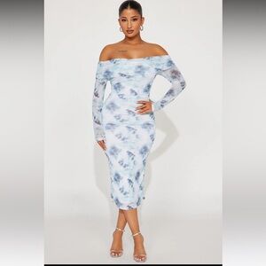Blue and Green Off Shoulder Mesh Midi Dress